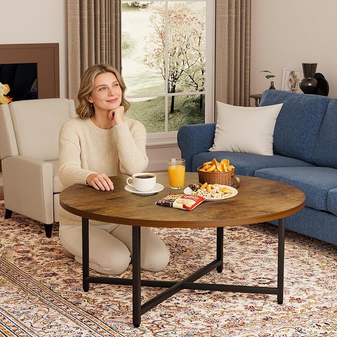 FAMIDGE Coffee Table, 31.5" Large Round Coffee Table for Living Room, Center Tables for Family & Office Use, Outdoor Coffee Table Round, Large Rustic Brown(31.5" D x 17.7" H)