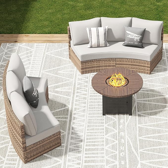 LUXOAK 6-Piece Wicker Patio Furniture Set, Waterproof Half-Moon Sectional Sofa with Cushions, Rattan Outdoor Conversation Set for Garden, Pool, Beach & Balcony, Beige