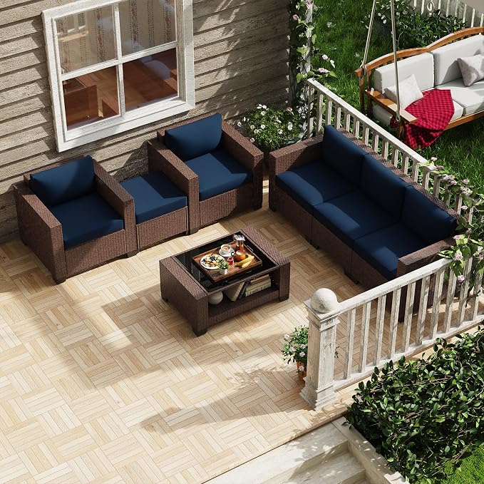 KIGOTY Patio Furniture Set 7 PCS Patio Conversation Sets, All-Weather PE Rattan Outdoor Sectional Sofa with Cushion and 2- Tier Glass Coffee Table（Brown/Dark Blue）