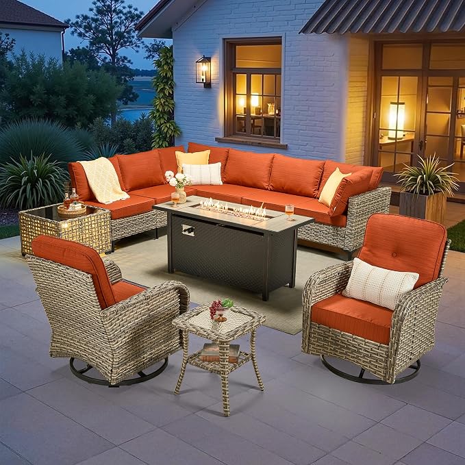 CAODOC 11-Piece Outdoor Sectional Sofa Set w/ 54" Fire Pit – L-Shaped Wicker Patio Furniture, Deep Seating & Swivel Rockers,Red-Striped