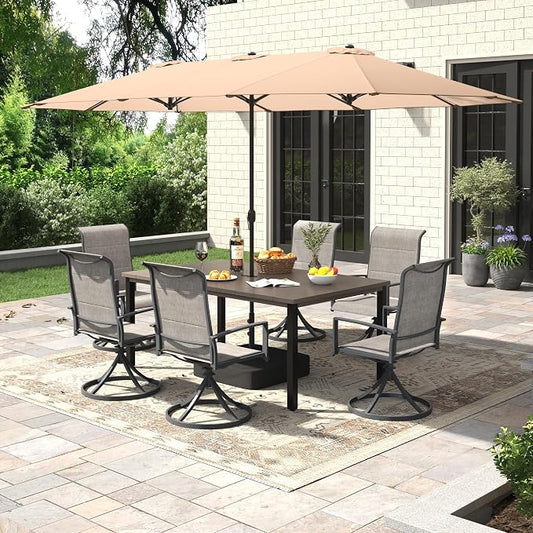 Outdoor Dining Set for 6, 8 Pieces Patio Table and Chairs Set with Umbrella, 63" Outdoor Dining Table and Padded Textilene Patio Swivel Chairs for Garden Backyard, Grey