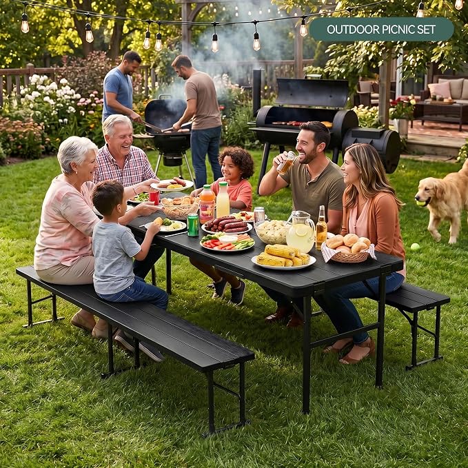 6FT All-in-One Folding Table and Chair Set, Seats 6-8, Chairs Store Inside to Form Carrying Case, Heavy Duty HDPE & Steel, Portable Space-Saving for Outdoor, Party, Camping, Picnic,Black