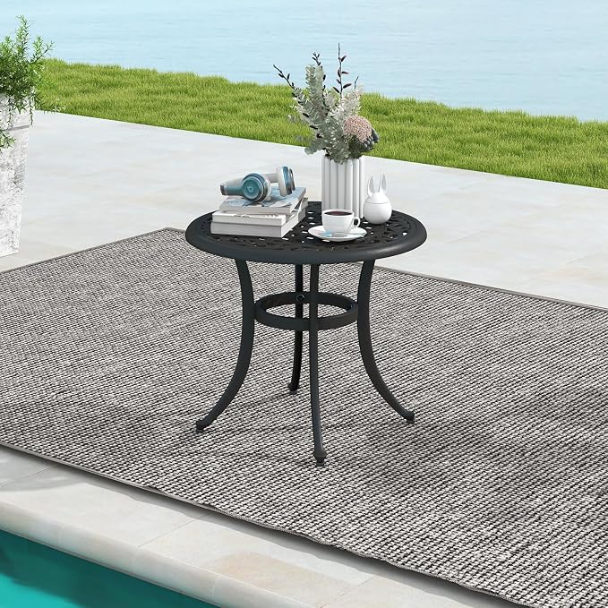 Tangkula 24 Inch Patio Side Table Set of 2, Cast Aluminum End Table with Adjustable Footpads, Outdoor Small Coffee Table, Round Metal Patio Table for Poolside, Backyard, Balcony (2, Black)