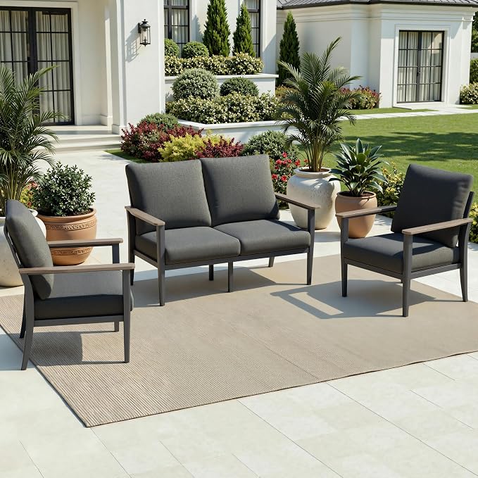 Aluminum Outdoor Patio Furniture Set 4-Seat, Patio Conversation Set Sectional Furniture Set with High Backrest & Thickened Cushions for Garden, Backyard, Poolside, Dark Grey