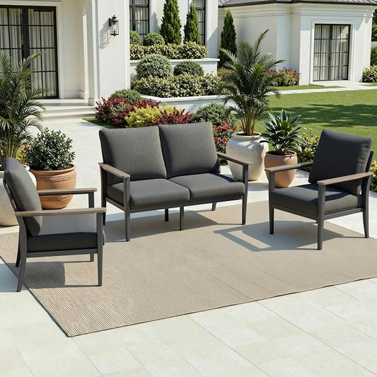 Aluminum Outdoor Patio Furniture Set 4-Seat, Patio Conversation Set Sectional Furniture Set with High Backrest & Thickened Cushions for Garden, Backyard, Poolside, Dark Grey