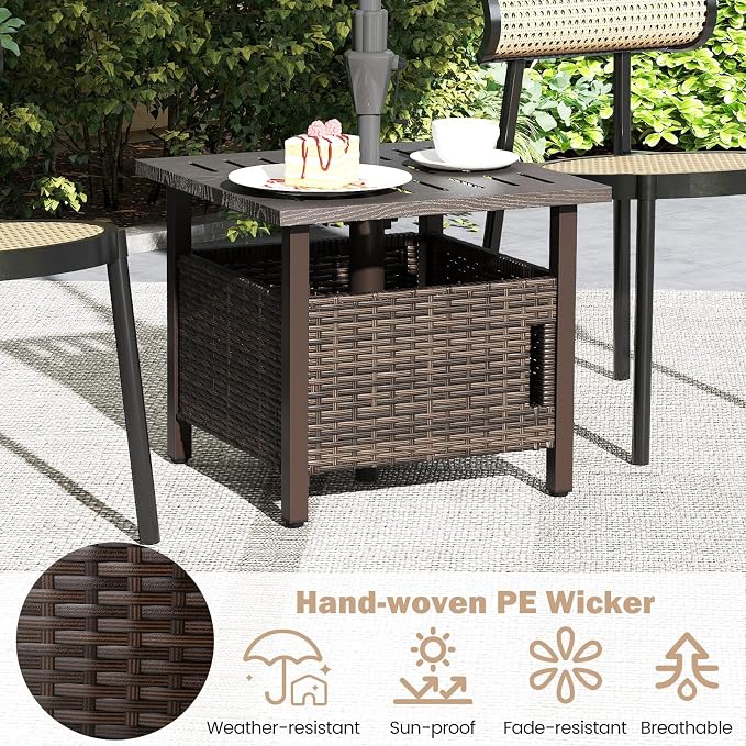 Outdoor Side Table with Umbrella Hole, Umbrella Table with Zinc-Iron Alloy Tabletop, 2 Sand Bags & Single-Door Cabinet, 22" Wicker End Table for Patio, Garden, Porch, Poolside(Mix Brown)