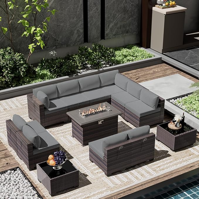Outdoor Patio Furniture Set with Gas Fire Pit Table, 13 Pieces Outdoor Furniture Set Patio Sectional Sofa w/43in 55000 BTU Propane Fire Pit, PE Wicker Rattan Patio Conversation Sets - Grey.