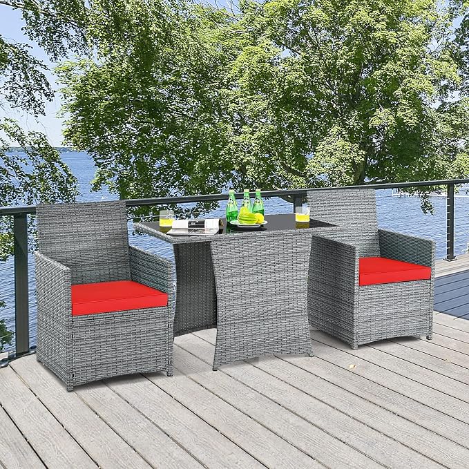 Tangkula 3 Pieces Patio Dining Set, Patiojoy Space-Saving PE Rattan Bistro Set with Tempered Glass Top Table and Cushioned Chairs, Outdoor Conversation Set for Garden, Backyard, Poolside, Porch (Red)