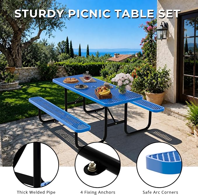 6FT Rectangular Steel Outdoor Picnic Table, Commercial Picnic Table Bench Set with Umbrella Hole, Weather-Resistant Heavy Duty School Dining Table for Stores, Park, Patio, Garden, Backyard, Blue