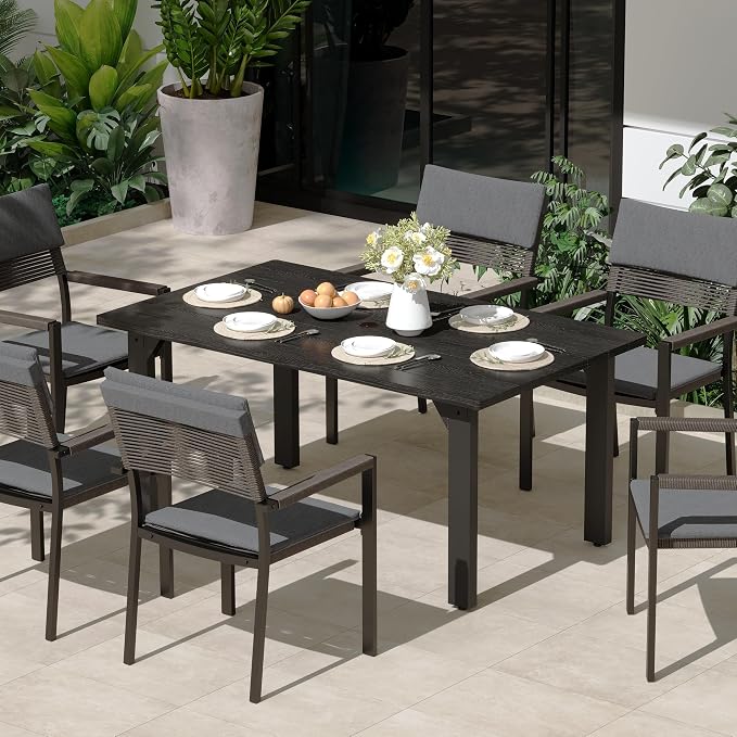 Sundale Outdoor Patio Dining Table for 6, Metal Outdoor Dining Table with 2" Umbrella Hole, 60" Rectangular Outdoor Tables for Backyard, Yawn, Garden