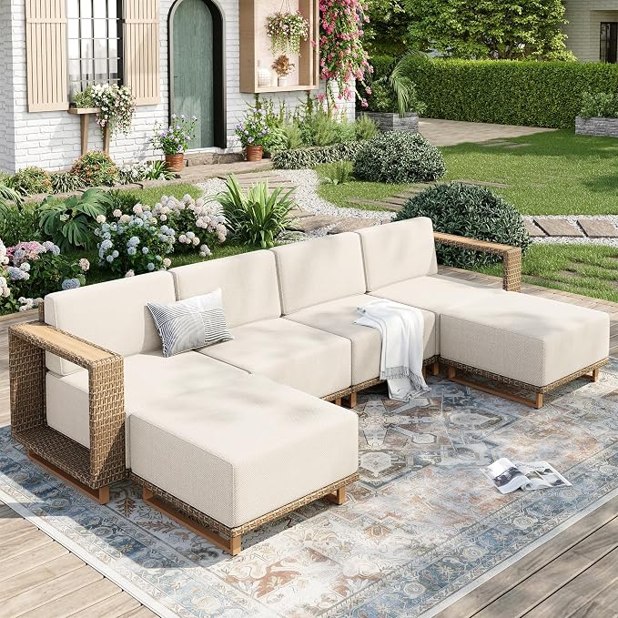 MIXPATIO Upgraded Outdoor Sectional, 6-Piece Patio Furniture Conversation Set with Yellow Rattan & 10-Inch Thick Cushion for Deck Yard Garden Backyard
