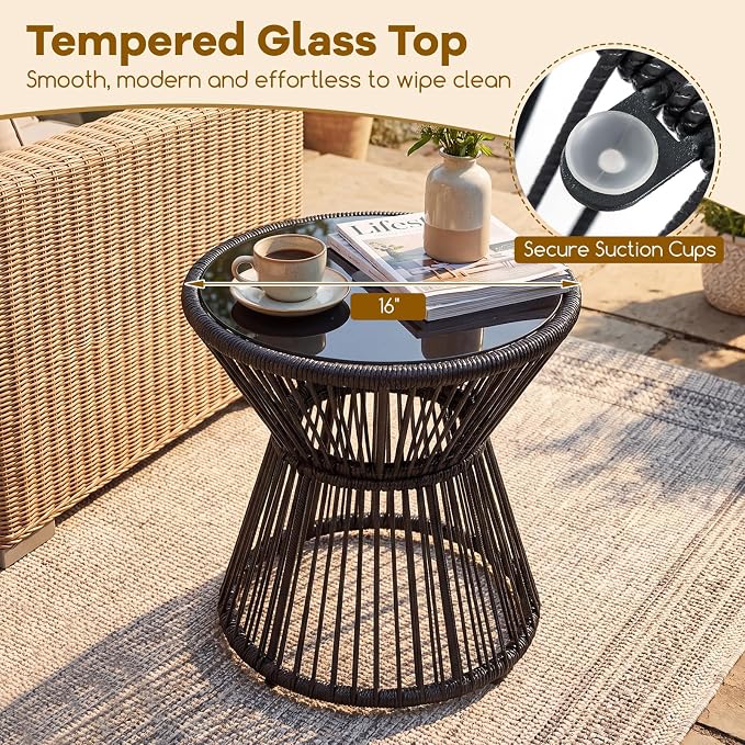 Tangkula Outdoor Side Table with LED Warm Light, PE Rattan Hourglass-Shaped End Table with Tempered Glass Top, Battery Operated Accent Coffee Table for Patio, Porch, Balcony & Living Room (1)