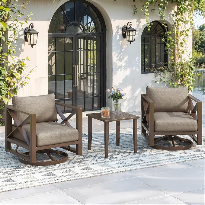 Outdoor 3-Piece Aluminum Patio Furniture Set, Swivel Rocking Chairs with 5.2" Thick Cushions & Coffee Table, All-Weather Rust-Resistant Frame Conversation Set for Porch, Garden, Backyard, Brown