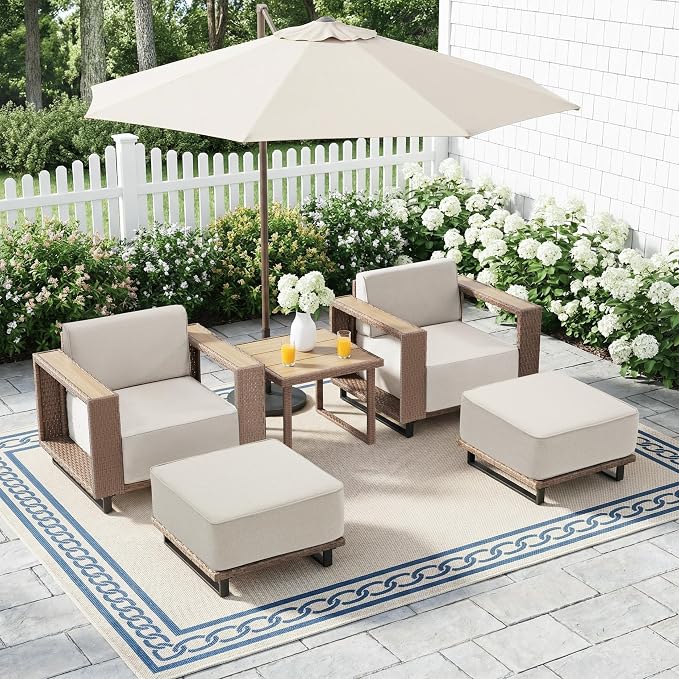 Bonzy Home 4 Piece Patio Furniture Set, Wicker Lounge Chairs Set of 2 with Rattan Side Table and 2 Ottoman, Outdoor Patio Furniture with Extra-Thick Soft Cushions for Porch, Balcony