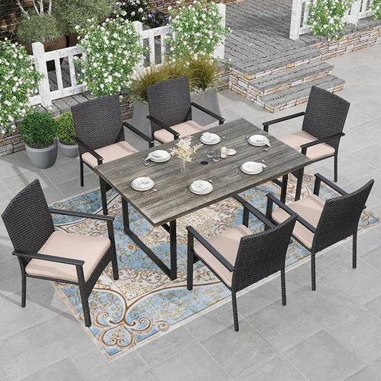 HERA'S HOUSE 7 Piece Patio Dining Set for 6, 6 x Outdoor Rattan Armchair with Removable Cushions, 1 x 64 Rectangular Patio Table with Umbrella Hole for Patio Lawn Garden