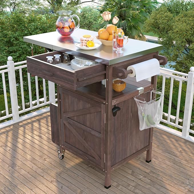 Outdoor Grill Cart with Stainless Steel Top, Solid Wood Outdoor Storage Cabinet with Drop Leaf, One Drawer, Towel Rack, Rolling Kitchen Cart with Lockable Wheels for Lawn Garden (Brown@072)