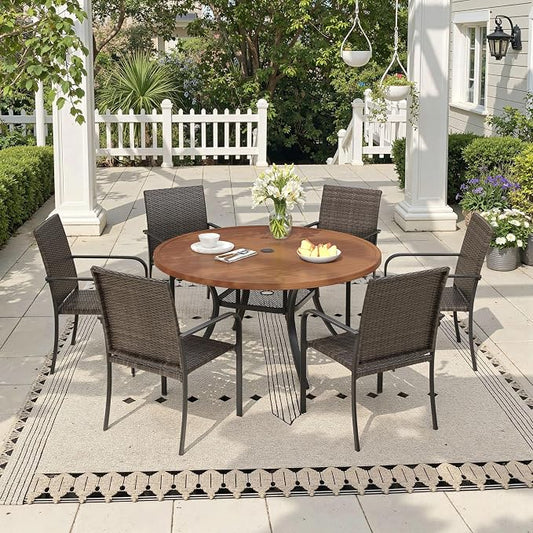 Outdoor Dining Set for 6, 47.2" Metal Round Outdoor Dining Table with Umbrella Hole and Wicker Stackable Patio Chairs, 7 Pieces Patio Table and Chairs Set for Garden Backyard, Walnut