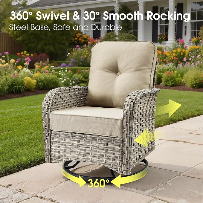 Wicker Patio Furniture Set with Fire Pit Table,9 Pieces Outdoor Sectional with Swivel Chairs Ottoman,Out Door Furniture Conversation Set,Beige