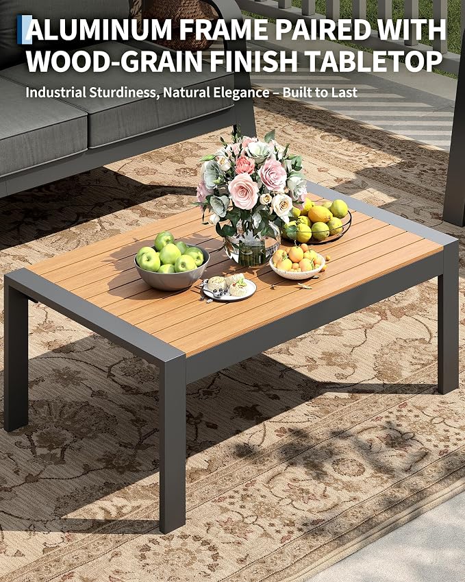 Garvee Outdoor Coffee Table, All-Weather Aluminum Patio Table, Rectangle Outdoor Coffee Tables for Outside, Realistic Wood-Look Tabletop Furniture for Patio, Deck, Backyard, Garden, Poolside