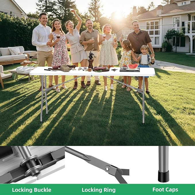 Allpop 6Ft Folding Table for Indoor Outdoor, Fold-in-Half Portable Plastic Dining Table with Carrying Handle for Picnic Party Camping, White