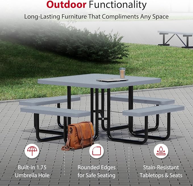 Leisure Craft Metal Picnic Table with Bench - 46" Square Outdoor Dining Table for 8 with Umbrella Hole, Weatherproof Heavy Duty Thermoplastic Coating, Commercial Grade Furniture Made in USA - Gray