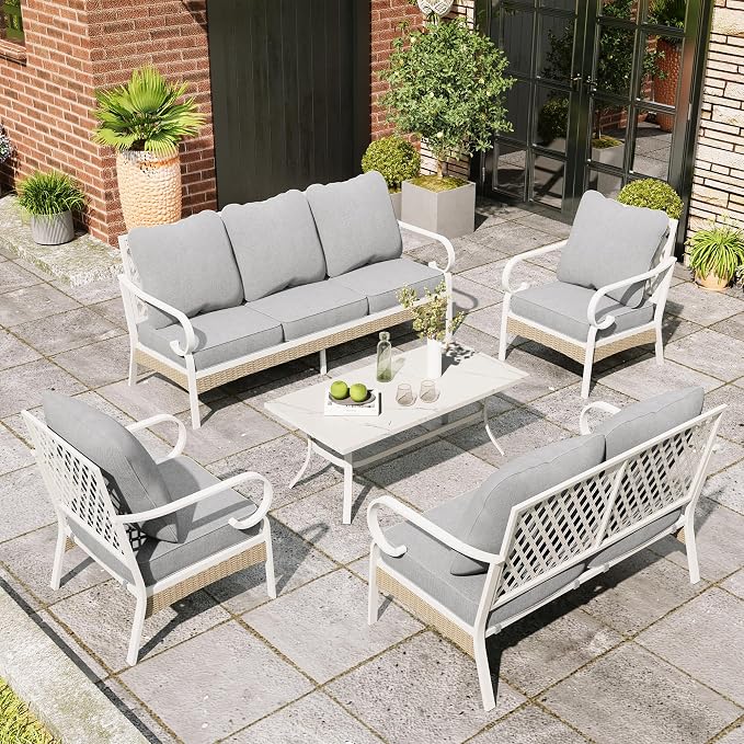 MIXPATIO 5 Piece Patio Furniture Set, 2 x Fixed Chair, 1 x 2-Seat Sofa, 1 x 3-Seat Sofa with Marbling Coffee Table, 7 Seats Outdoor Conversation Set for Lawn Garden Backyard, Light Gray