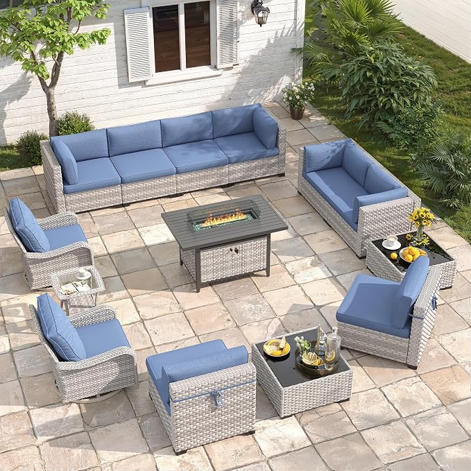 10-Seat Outdoor Wicker Patio Furniture Set with Fire Pit Table, Modular Rattan Sectional Sofa & 2 Swivel Rocking Chairs, 4" Thick Cushions, Rust-Resistant Frame,Navy