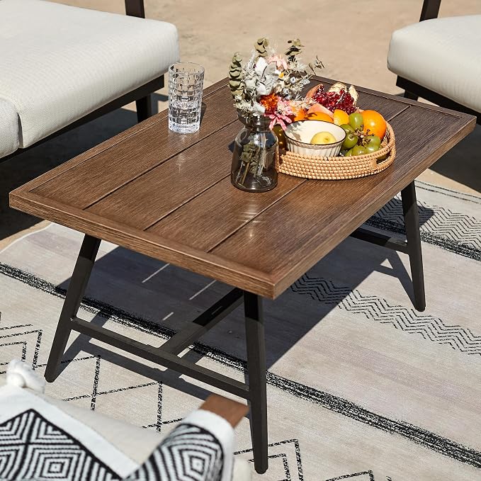 NATURAL EXPRESSIONS Outdoor Coffee Table Woodgrain Patio Metal Table All Weather Backyard Conversation, 36 inches, for Balcony, Poolside, Deck, Garden, Indoor, Ootdoor, Brown.