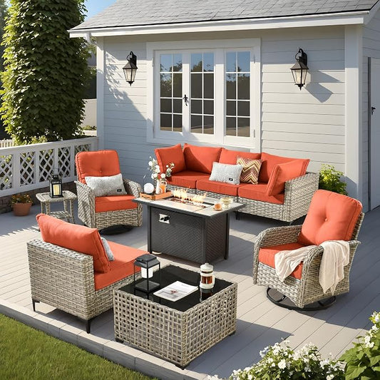 Outdoor Patio Furniture Sets,9 PCS Patio Conversation Set Outside Rattan Sectional Sofa with 42 in Fire Pit Table Wicker Rocking Chair Coffee Table Fit Backyard Porch Garden Poolside Balcony