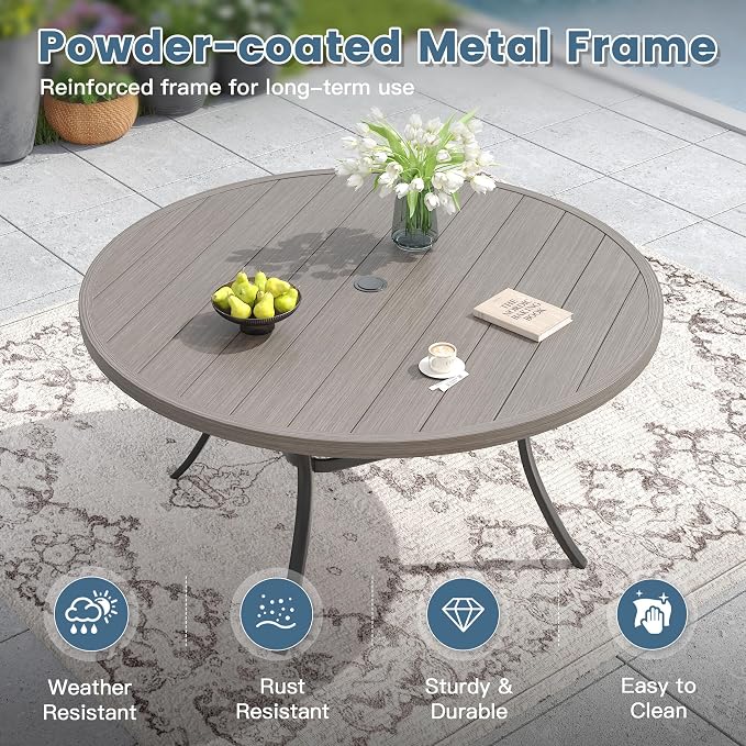 DIFY 7 Pieces Outdoor Dining Set for 6, Outdoor Furniture Set of 6 Sandshell Textilene Swivel Patio Chairs, 50" Grey Wood-Like Round Metal Dining Table Set with Umbrella Hole, for Garden Deck Backyard