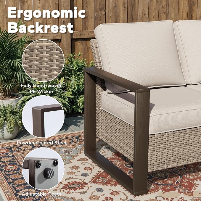 Joyside Outdoor Patio Wicker Sofa, 3-Seater Rattan Sofa with Thick Olefin Cushions and Metal Steel Rectangular Framed Armrest -Looking Metal Armrest Suitable for Garden, Backyard, Porch, Deck, Beige