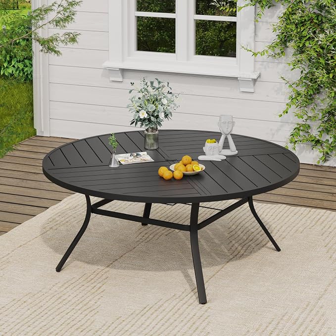 VICLLAX Outdoor Table and Chairs Set for 8, Patio Dining Set of 60" Metal Round Patio Table with Umbrella Hole & 9 Swivel Outdoor Dining Chairs for Backyard Lawn, Dark Blue & Black