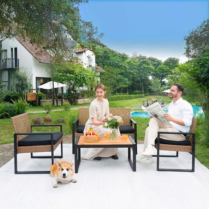 BEEFURNI Wicker Patio Furniture Outdoor Conversation Set of 4, Rattan Outdoor Furniture Set, Acacia Wood Table, 2 Chairs, 1 Loveseat, 2” Cushions, All Weather Set for Patio, Porch, Balcony (Brown)