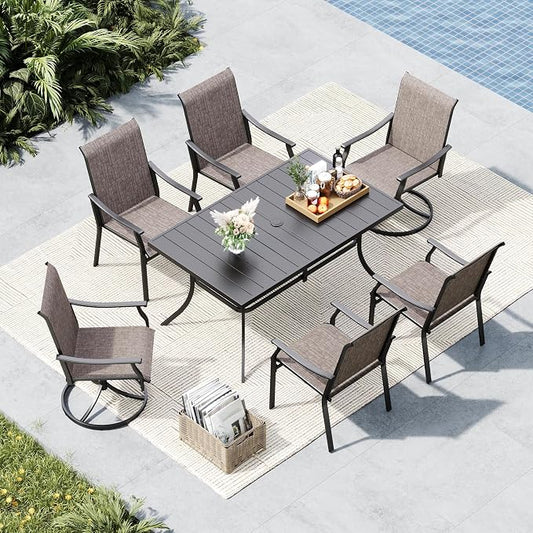 MFSTUDIO Outdoor Patio Dining Set for 6, Outdoor Patio Set with 60"x 35" Metal Table, 4 Fixed and 2 Swivel Patio Chairs, Heavy Duty Outdoor Dining Table and Chairs for Patio Lawn