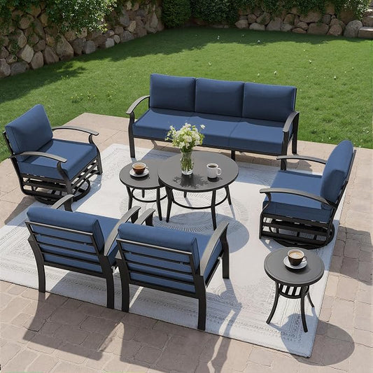 Kullavik Aluminum Patio Furniture Set,7 Piece Modern Metal Outdoor Patio Furniture w/5.1'' Thick Cushion,Swivel Chairs and Round Coffee Table,Patio Conversation Sets for Porch,Deck,NavyBlue