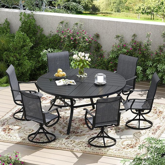 7 Pieces Patio Furniture Dining Set, 6 Textilene Swivel Dining Chairs, 53" Outdoor Round Metal Table with 1.57" Umbrella Hole, Outdoor Dining Set for Porch, Lawn, Garden, Black/Black