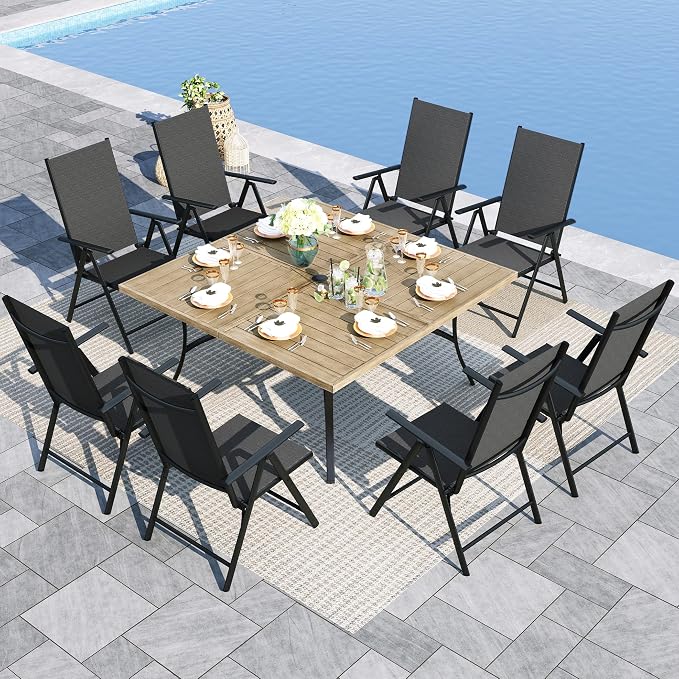 Sophia & William Patio Dining Set for 8, 8 Person Outdoor Dining Table Set Large Square Metal Patio Table and 8 Foldable Textilene Patio Chairs, Black, 1.57"-1.9" Adjustable Umbrella Hole