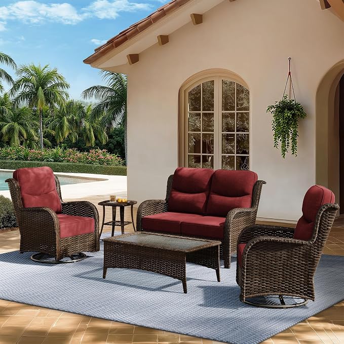 HILLGA Luxury Outdoor Patio Furniture Set with 6-Inch Thick Cushions,High Back Wicker Swivel Rocker Chairs, 5 Pcs All Weather Conversation Set for Large Deck, Yard and Poolside, Burgundy (V3)