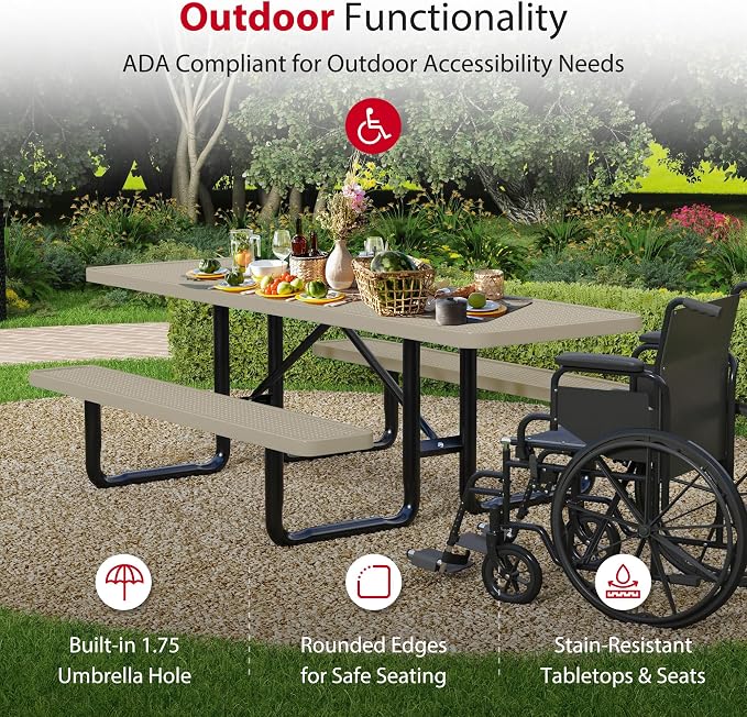 Leisure Craft Metal Picnic Table with Bench - 8 ft Rectangle Outdoor Dining Table with Umbrella Hole, Heavy Duty Thermoplastic Coating, ADA Compliant, Commercial Grade Furniture Made in USA - Beige