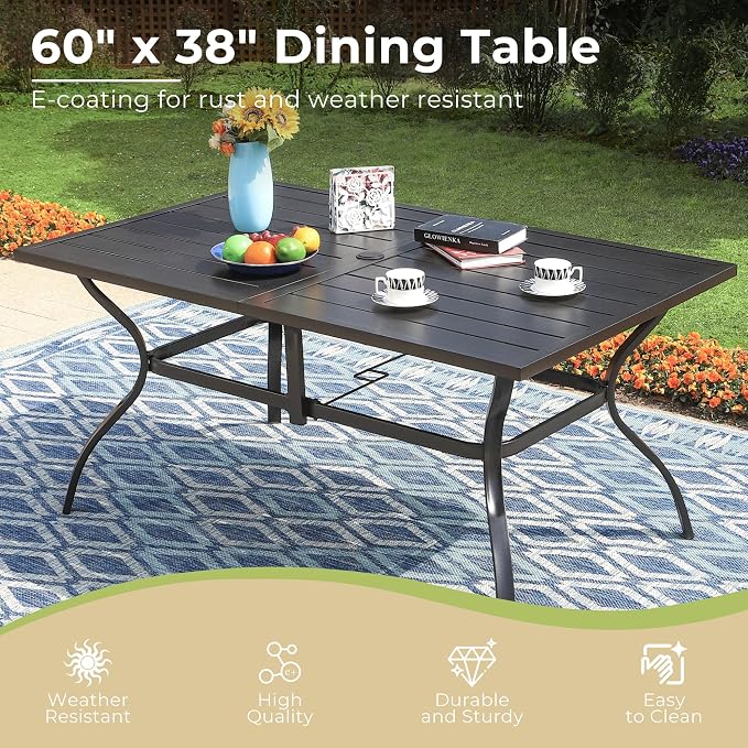 MIXPATIO Outdoor Patio Dining Table for 6, 60" x 37" Rectangular Metal Patio Dining Table with Umbrella Hole for Garden, All Weather Wrought Iron Black Outdoor Table Backyard and Porch, Black
