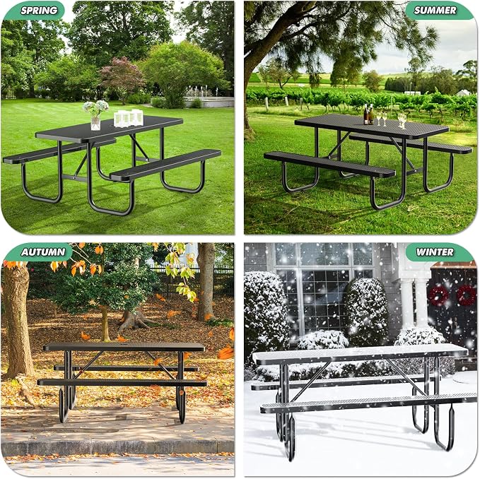 6FT Rectangular Outdoor Picnic Table with Attached Benches, Heavy-Duty Expanded Metal Mesh Patio Table, Commercial-Grade Outdoor Seating for Park, Backyard, Deck, Lawn, Black