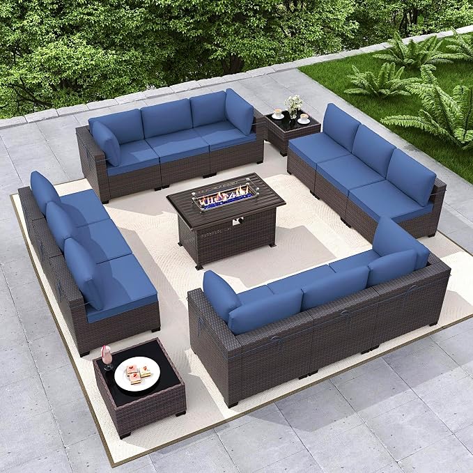 Gotland 15 Pieces Patio Furniture Set with Fire Pit Table, All Weather Rattan Outdoor Furniture with 29.5'' High Backrest 4’’ Thick Cushions Coffee Table, Patio Set for Porch, Deck, Backyard, Navy
