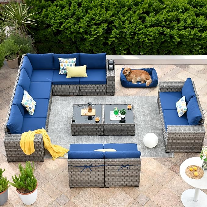 ovios 12 Pieces Patio Furniture Set, Outdoor Wicker Sectional Sofa with Coffee Table Comfy Cushions, Modern Modular Deep Seat Couch Rattan Conversation Set, Navy Blue
