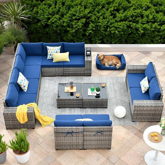 ovios 12 Pieces Patio Furniture Set, Outdoor Wicker Sectional Sofa with Coffee Table Comfy Cushions, Modern Modular Deep Seat Couch Rattan Conversation Set, Navy Blue