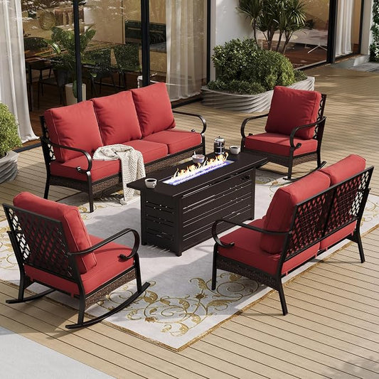 SUNSHINE VALLEY 5 Piece Metal Outdoor Patio Furniture Sets with Firepit Table, Patio Conversation Sets 1 3-Seater Sofa, 1 Loveseat, 2 Rocking Chair with 5.75" Cushion for Backyard Deck, Rust Red