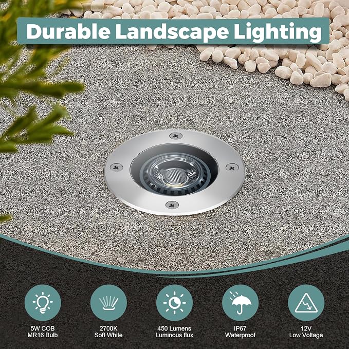 Gardencoin Low Voltage Landscape LED Well Lights, 12V in Ground Lights Outdoor IP67 Waterproof, 5" Tall Wired Landscape Up Lighting, Included Replaceable 5W 2700K MR16 Bulb Dimmable, 12 Pack