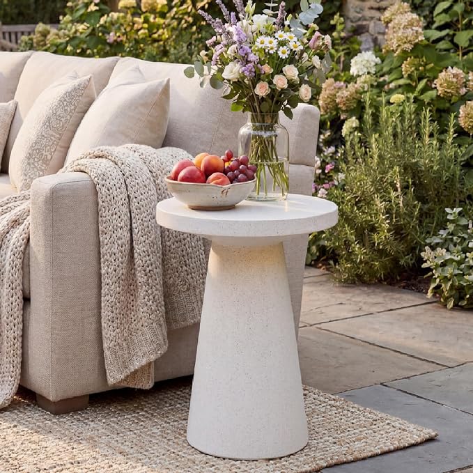 HOMPUS Outdoor Side Table Large, Concrete Side Table Faux Stone Cone Shaped, Patio Round Accent Table, Lightweight MgO Tall Coffee Table Garden Tool for Home Decor, Porch and Deck, Spotted White
