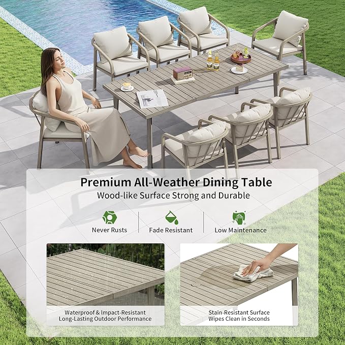 82"×35" Never-Rust Aluminum Outdoor Dining Table – Rectangular Patio Table for 8 Person with Umbrella Hole, Heavy Duty All-Weather for Poolside, Garden, Backyard, Porch, Deck, Gray Oak