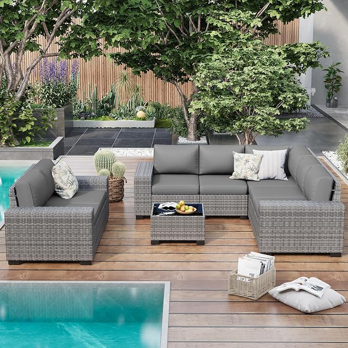 Outdoor Patio Furniture Set, Wide Outdoor Sectional Rattan Sofa Set, Wicker Patio Conversation Set with Cover for Deck, Poolside, Porch, 8 PCS (Grey & Grey)