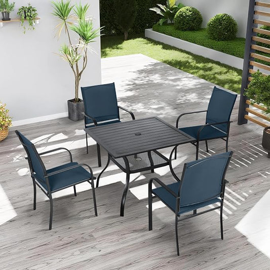 Crownland 5 Piece Patio Dining Set, Outdoor Textilene Dining Sets, 4 Textilene Metal Chairs and Square Outdoor Dining Table with 1.57" Umbrella Hole (Blue)